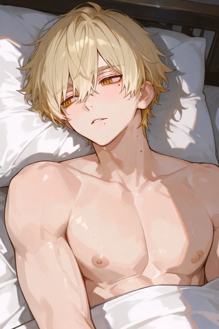 A young boy is sleeping in bed crying and worrying、Teary-eyed、barechested、not any dressed、Anxious look、A sexy、Trance、独奏、(((raise both arm)))、Ahegao、shorth hair、Forehead、dishevled hair、base of ear、