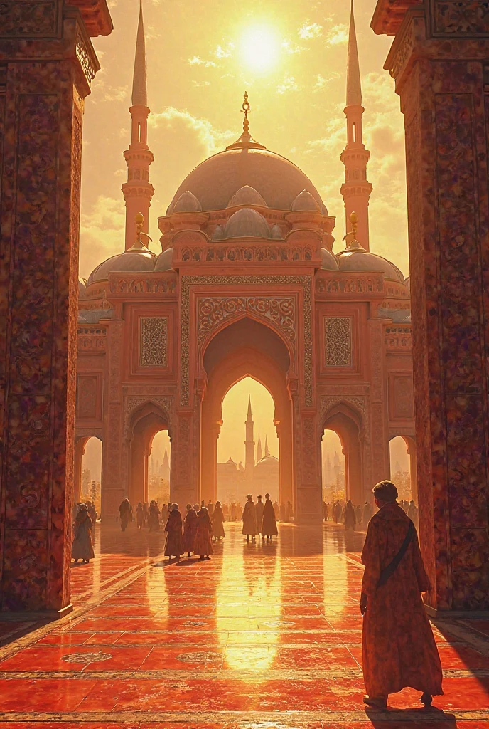A huge mosque is on a golden hill, four types of prayers are being performed in the mosque, the color of the mosque is red.