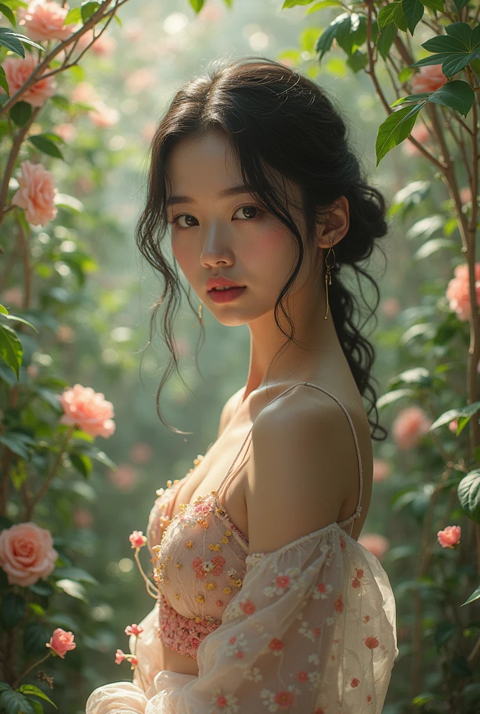  in a lush indoor garden、 Japanese woman wearing a floral sheer top、with breasts and soft flowers in the background、 creates harmony between nature and beauty。
