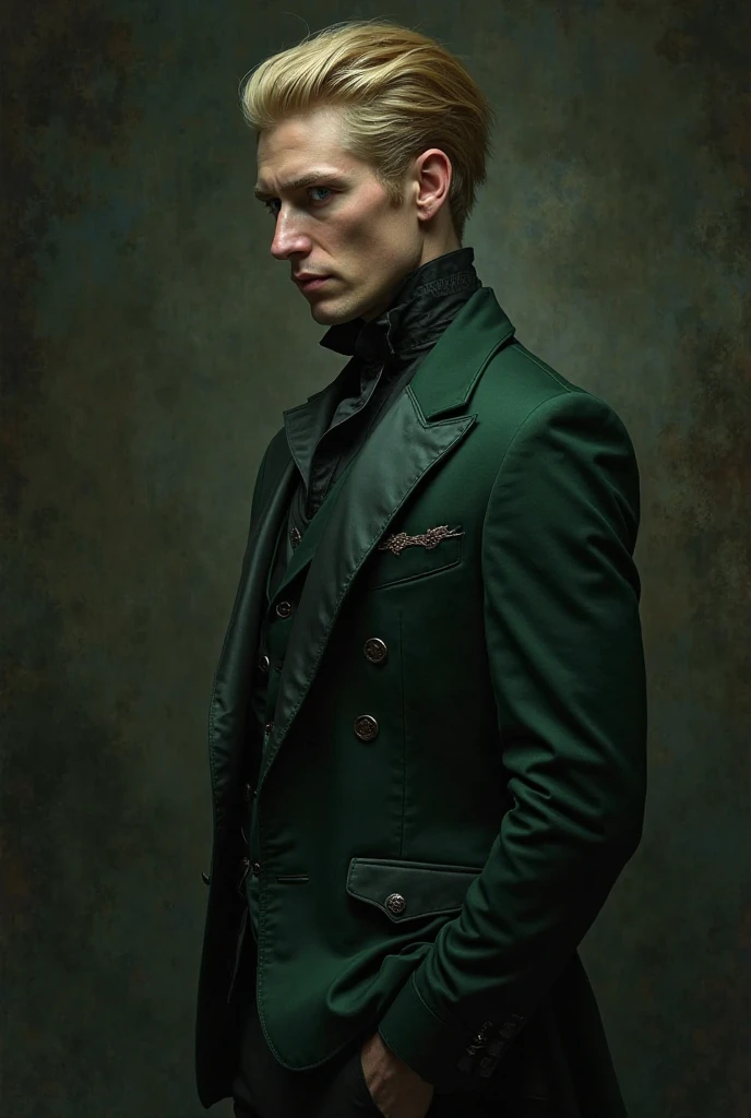 Blonde guy in a gothic dark dark green suit facing sideways