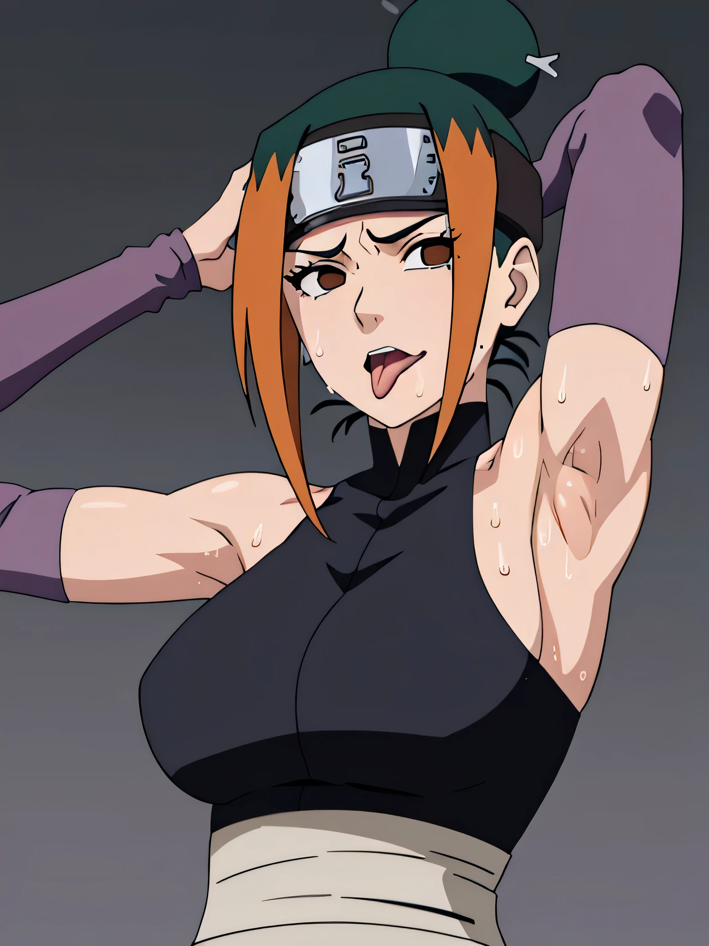 Pakura,human woman with fair skin. She has black eyes and blackish orange clothing. Her hair is black in color; She is beautiful.Tsundere face. Pink eye shading,mature appearance,armpits,sweat,sweaty,sweaty armpits,arms up,showing armpits,awesome armpits,outfit,blackish red arm warmers,maroon arm bands,maroon arm warmers,showing tongue,tongue out,wearing Konoha headband.