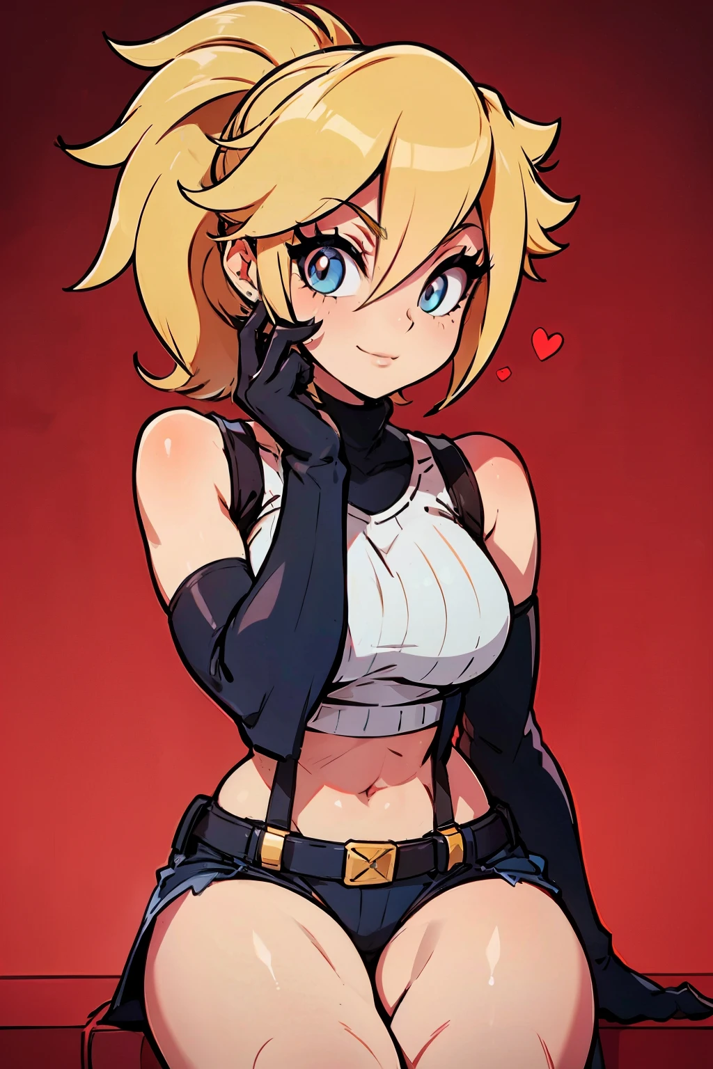(masterpiece, best quality:1.2), red glowing eyes, red eyes, the eyes are red, perfect face, , strong make up, highres, 1 girl, solo, ultra long ponytail, (female:1.5), strife, blonde hair, shoulder armor, sleeveless turtleneck, suspenders, belt, gloves, bracer pre potent smile, lazy pose, cute arms , evil smile, evil pose, sitting, portrait, looking at viewer, Her hair is streaked with red and blonde highlights.