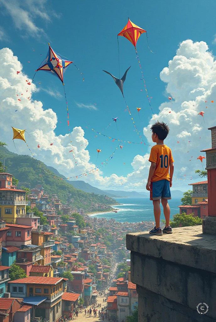 A boy playing kites in the sky with several other kites dressed in a t-shirt with number 10 from the background team of a favela and him on the edge of a slab in the favela