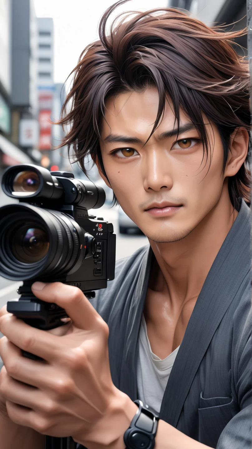 ((photorealism:1.2),  very Handsome  japanese man, 22-27 year-old, he is a actor, filming action movie, 