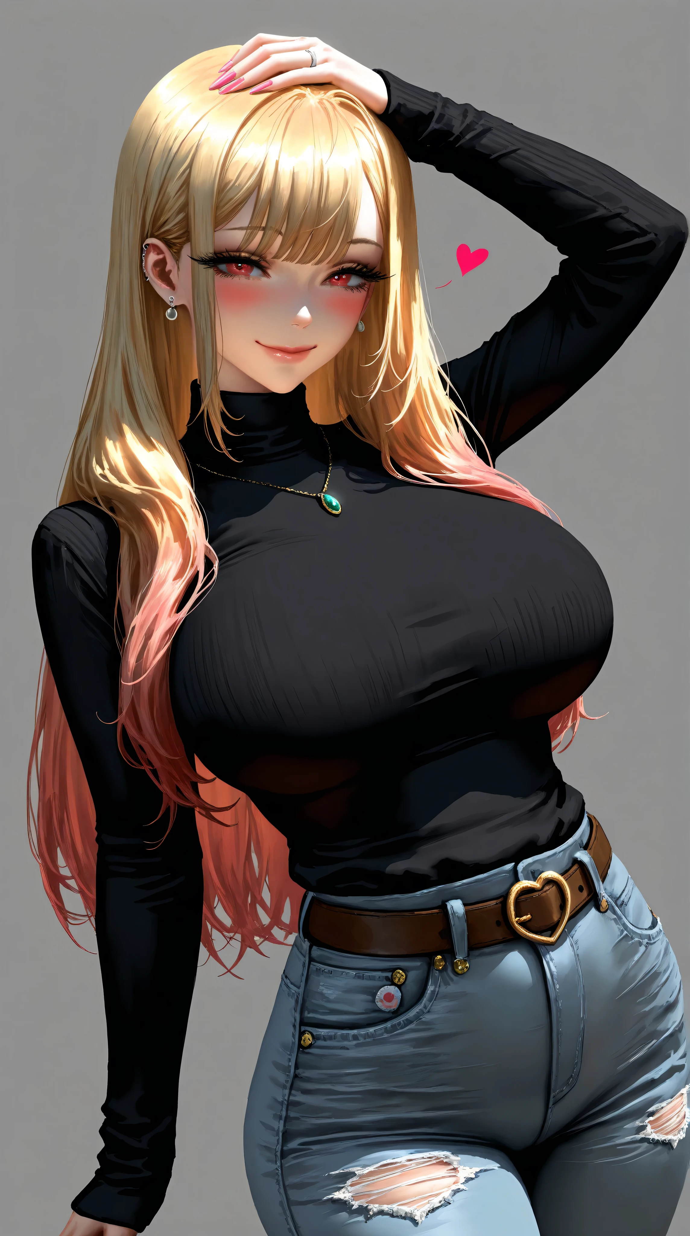 1girl, Marin Kitagawa,(mature female),motherly,mature face,solo, long hair, breasts, looking at viewer, blush,seductive smile, bangs, blonde hair, large breasts, simple background, shirt, red eyes, long sleeves, jewelry, closed mouth, heart, cowboy shot, earrings, belt, grey background, black shirt, turtleneck, wedding ring on finger, hand on head, straight hair, black sweater, frayed denim short,best quality,amazing quality,very aesthetic,absurdres,masterpiece,best quality,newest,highres,absurdres,very awa,shiny skin,Detail enhancement,[karasu_kame_x],[jonpei],j.k.,[masami_chie],nixeu,