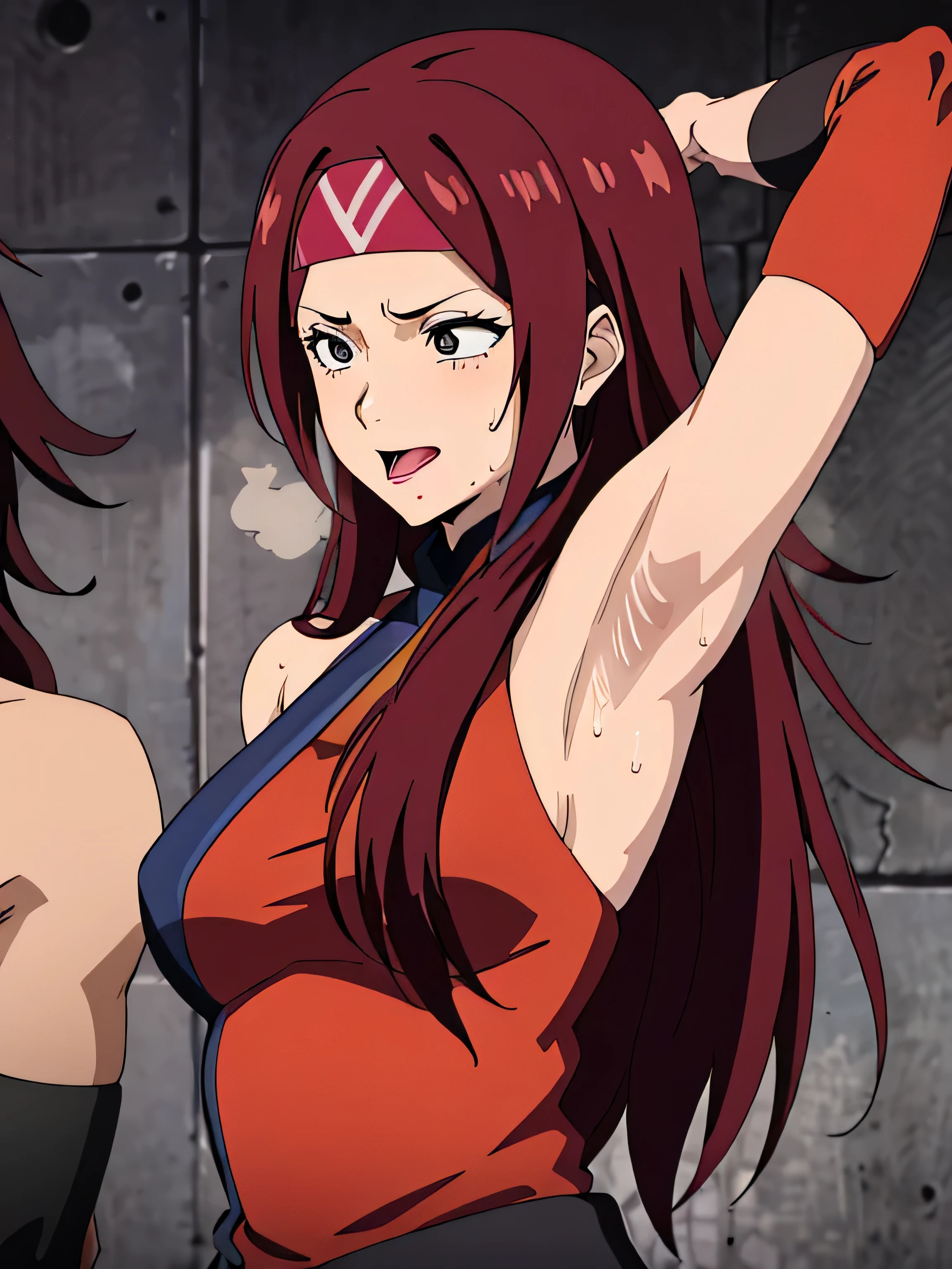 ((wearing two set of bra with red  top and black  top, center body view)), (very little biceps, hand brushing hair), (((very detailed wrestling ring with three wires, titration screen))), spotlights, please prioritize (best quality, 4k, 8k, highres, masterpiece:1.2), ultra-detailed, and (realistic, photorealistic, photo-realistic:1.37) rendering. ((looking at the viewer)), ultra detailed face, perfect , 8k, perfect body proportions, highest quality, 1girl, solo, happy, smile, ERZASCARLET, cleavage, off-shoulder, tall girl, (shiny hair), detailed red hair, open mouth, very big eyes, long belly, wide shoulders, For the image quality, To enhance the visuals, add HDR, UHD, studio lighting, ultra-fine painting, sharp focus, physically based rendering, extreme detail description, professional, vivid colors, fingerless gloves, elbow pad, earring, diffusion