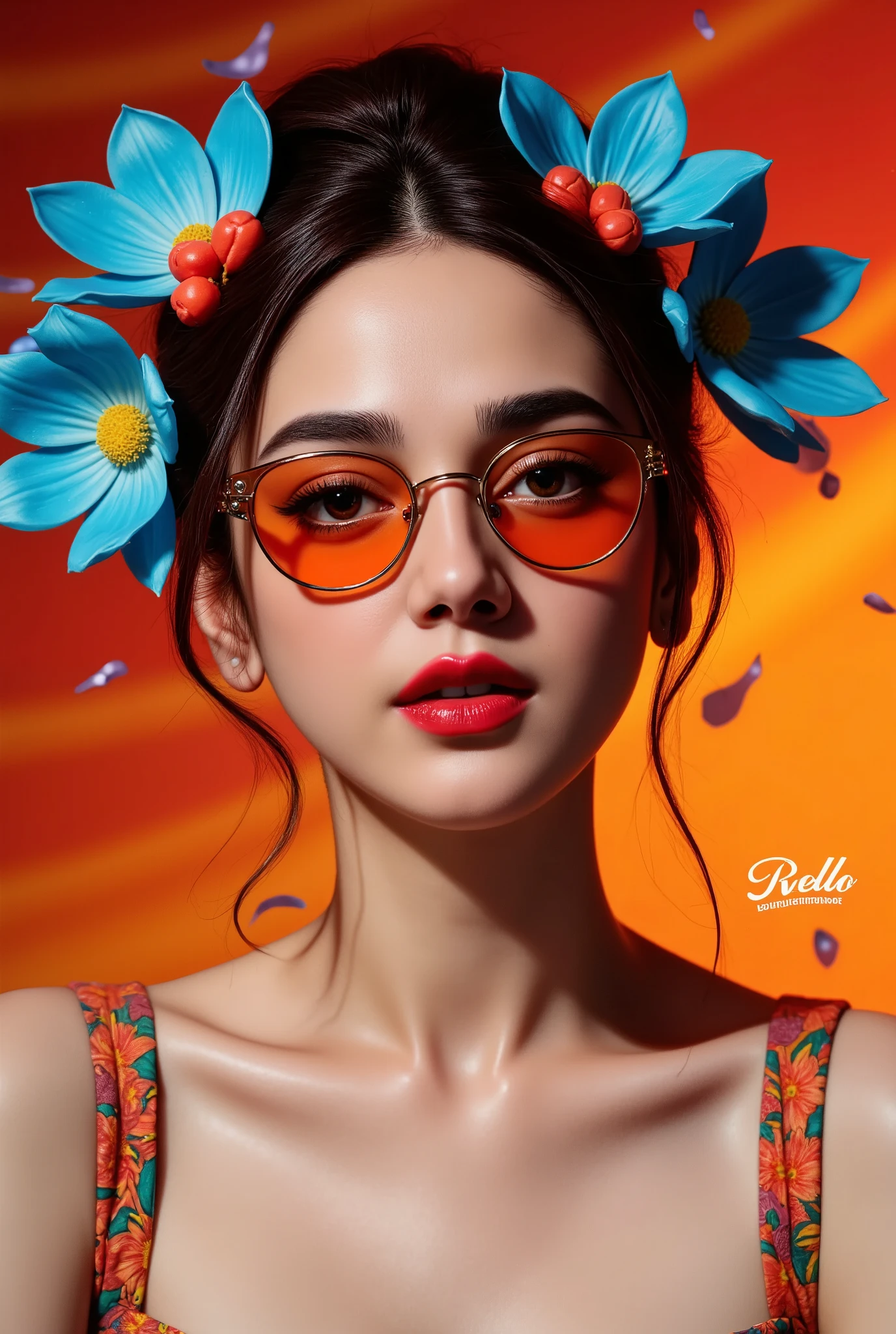 A striking dark fantasy portrait photograph featuring a mysterious woman dressed in a unique and surreal way. She wears round orange sunglasses, her eyes closed, and her red irises reflecting through the lenses. Her bold red lips contrast with her elaborate updo, adorned with large turquoise blue flowers and vibrant coral red accents, drawing the viewer's attention to her striking appearance. The background features a vibrant color gradient, ranging from deep orange to deep red, with confetti-like particles, creating a dynamic and dreamlike atmosphere, while a soft glow highlights the contours of her face, enhancing the dramatic lighting and high-contrast aesthetic. Bold text watermark written " Sweety " With beauty caligraphy font with vibrant color