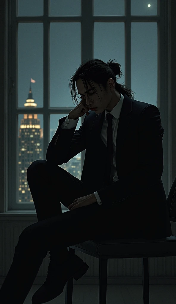 men wear black suit. sitting on sofa with one leg on other leg. long tie up hair. hand cover half of face with sharp gaze. dark background with wide window. night view. 