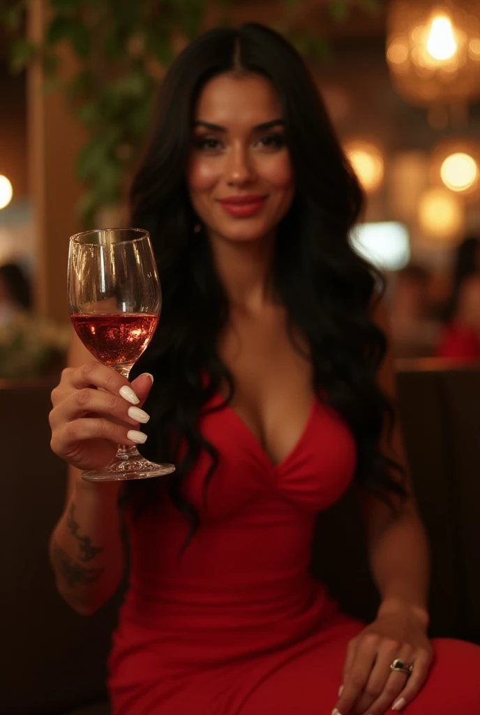 Brunette woman with curly hair, With glass of wine in hand, long red and black dress in a catatumba smiling