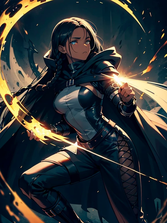 Angry warrior woman golden eyes, tan skin, wild short black hair