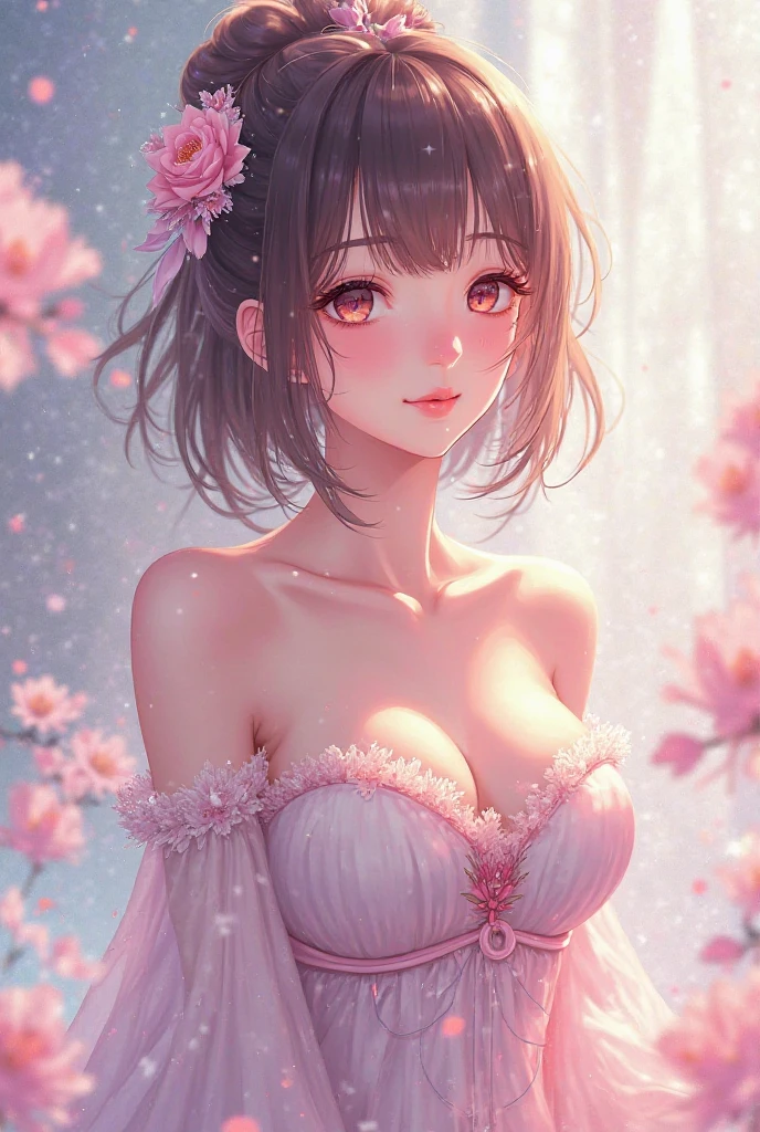 Face close-up、short hair、girl1、smile、cherry blossoms、red eyes、Open your mouth、Pink Lips、Large Breasts、Cleavage、night、Starry Sky、Hide your arms behind your body、Glowing Hair、moonlight、(looking down:1.2)、inwardly curled hair、