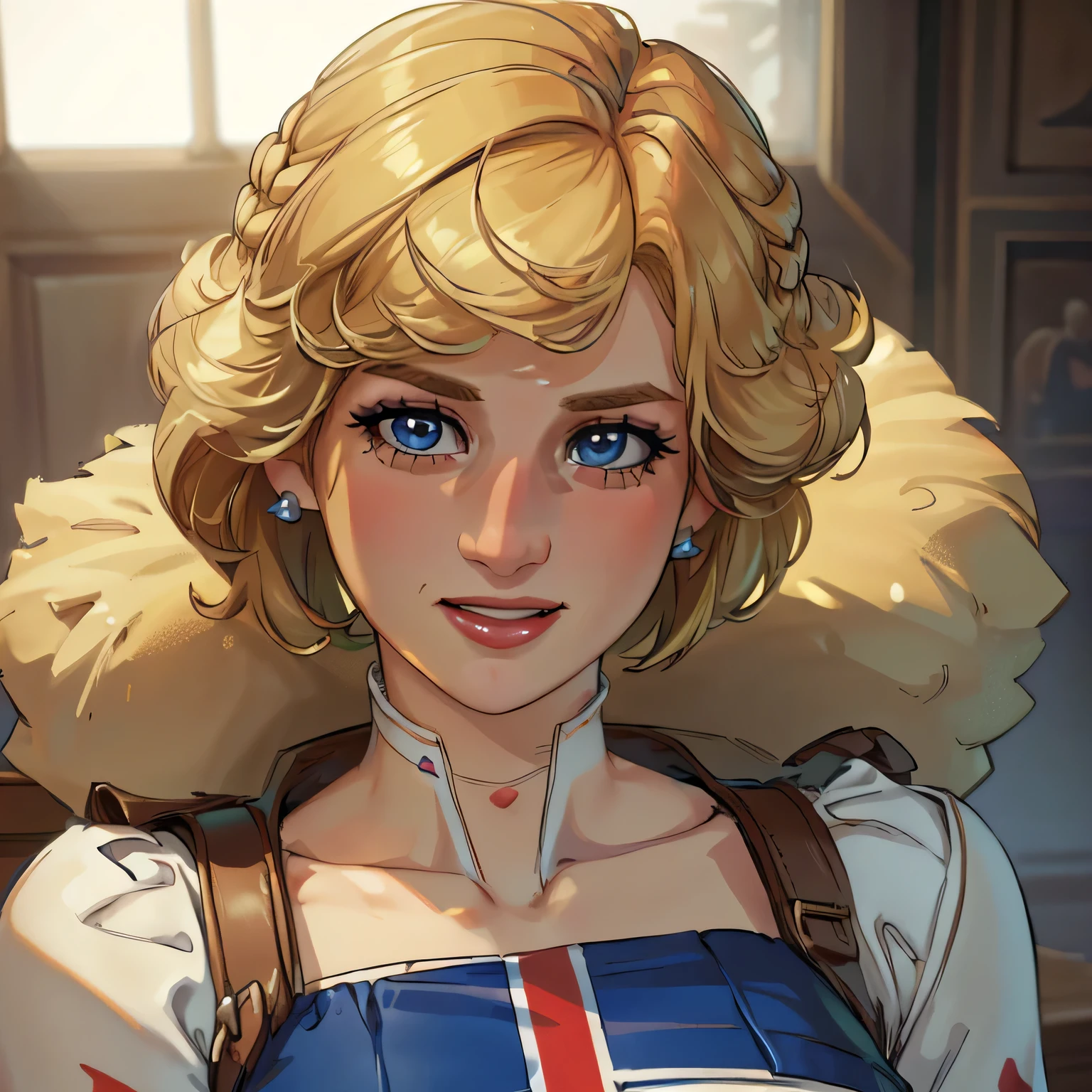 (masterpiece:1.3), (8K, Realistic, RAW Photos, Highest quality: 1.4), (One Girl), Beautiful Face, (Realistic Face), Beautiful Hairstyles, Realistic eyes, Beautiful details, (Realistic Skin), Beautiful Skin, Absurd, charm, Ultra-high resolution, Ultra-realistic, Very detailed, Golden Ratio, (Best Shadow), Cinematic, (Complex:1.4), High Contrast, Side lighting, ((Accurate hands and fingers)), Caucasian female, ((Princess Diana)), (laughing:1.1), (Captain Britain), (Blonde Hair, short hair:1.3), NSFW (大きな乳房), くびれたウエスト, 大きな尻, NSFW (she have UnionJack body peint), (she have UnionJack large round shield), BREAK ((full body))