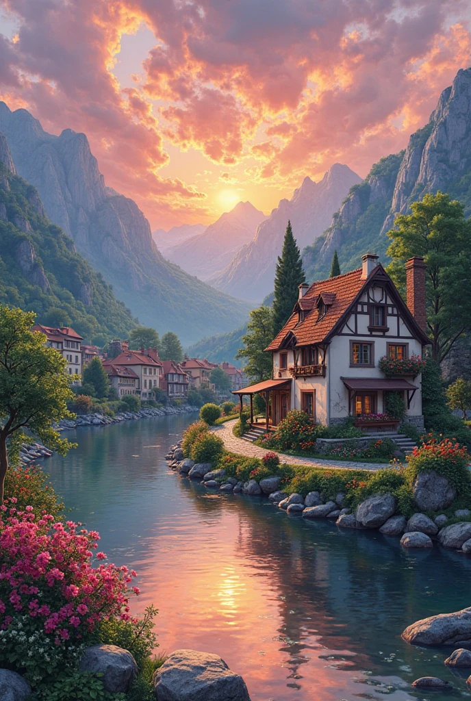 A small village by the river, mountains in the background, colorful flowers, detailed landscape style, beautiful natural scenery, atmospheric lighting,  scorching sunset ,  warm colors, practical, photographic, detailed foliage, complex buildings , cobblestone street, charming country house, vibrant colors, lush vegetation, reflections in the water, pitoresco, idyllic, work of art, Best Quality, 8k, extremely detailed, anime style