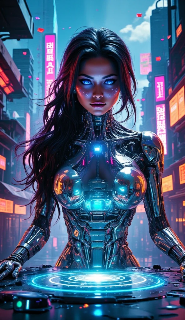 mujer cyborg exuberante y voluptuosa echa de cristal que deja ver su interior, repleta de motores, reles. circuitos y luces indicadoras led de color verde,azul y rojos.