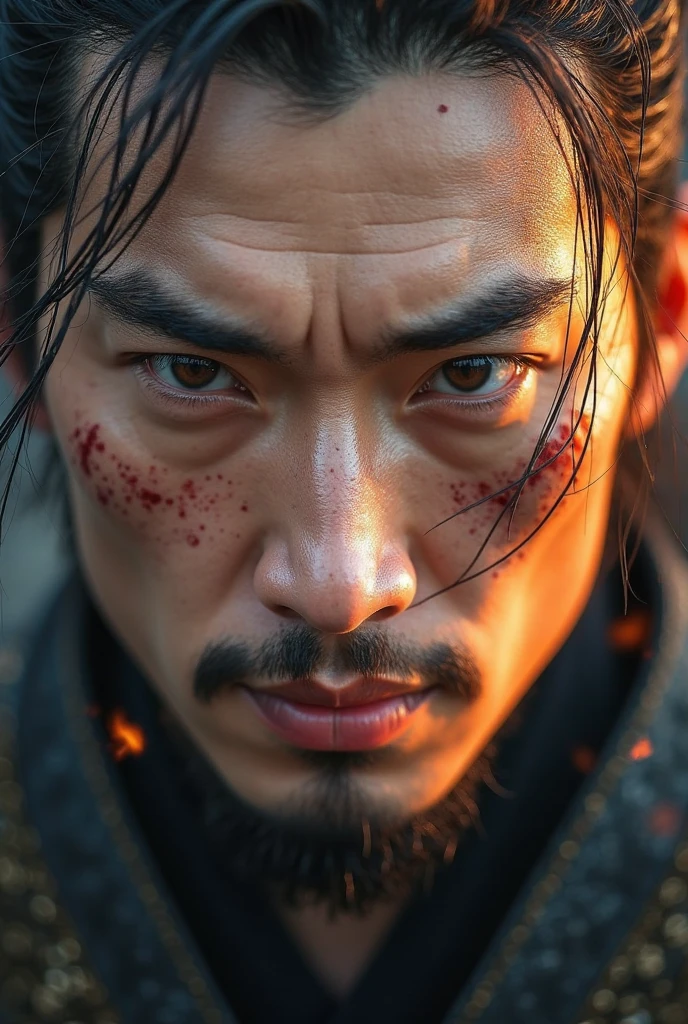 Ultra close-up portrait of a handsome Chinese male warrior with a strong, balanced facial structure and fuller cheeks, featuring a noble yet fierce expression. His skin has a lighter (white) tone, with smooth texture and small, minimal pores, giving a refined and youthful appearance under harsh conditions. His face fills the frame completely — no body or background visible.

His expression is a mix of controlled fury and calm resolve — steel-gray almond-shaped eyes locked forward with quiet intensity. Reflections of war — flames, smoke, and silhouettes — burn subtly in his pupils. His eyebrows are naturally defined and slightly furrowed. His lips are firm, jaw clenched, showing inner tension.

Despite the clean facial features, signs of battle remain: a light sheen of sweat glistens across his forehead and cheeks; faint dirt smudges, minor blood stains, and a few realistic, shallow cuts are present — one near his brow, another across the cheekbone. Strands of jet-black hair stick slightly to his face, wind-swept and damp from battle.

Lighting: Dramatic, directional lighting with warm flickers of fire casting subtle highlights, contrasted by cool ambient shadows to sculpt facial features.
Cinematic Effects: Fine film grain, high dynamic range (HDR) rendering to preserve detail without exaggerating pores or imperfections.
Camera Focus: Extremely shallow depth of field to emphasize eyes, sweat, and emotional expression.

Style Tags: Handsome Chinese male, dark fantasy realism, cinematic ultra close-up, minimal pore texture
Rendering: 8K resolution, photorealistic skin with soft clarity
Post-processing: Subtle film grain, cinematic HDR tone, rich mood with high contrast

