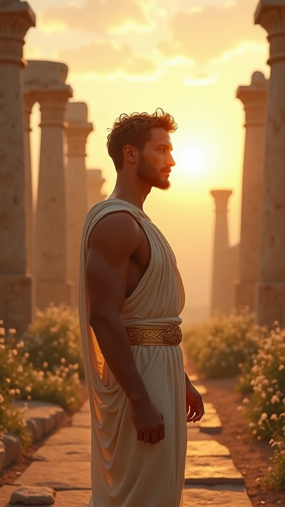 A male Stoic philosopher, around 2, with a well-proportioned and attractive physique, not excessively muscular, not very muscular. and slightly tanned skin. He is wearing classic tunics, a little transparent that show behind the fabric of the Stoic era, in soft earthy tones—gray and olive green—with subtle gold or copper details, that gently drape over the body, subtly revealing his shoulder. He stands in the center of a complex labyrinth. The labyrinth is intricately designed, with high, winding walls that represent the entanglement of rigid beliefs. Dramatic brushstrokes highlight the philosopher's struggle to find his way out, with contrasts of light and shadow emphasizing his sense of being lost and the difficulty in seeing the truth due to attachment to dogmas.