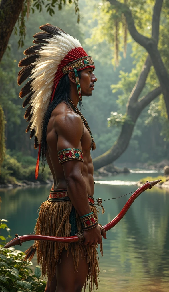 A hyper-realistic image of a male indigenous warrior with brown skin, standing facing forward near a river in the forest. He wears a traditional feather headdress with red on the outer edges, white in the center, and green in between. His feather skirt follows the same color pattern: red on the edges, white in the center, and green in the middle. He holds a bow with an arrow in his hands, looking focused and alert. The background features a calm river reflecting the surrounding dense forest, with tall trees, hanging vines, and sunlight softly filtering through the canopy. The details of his face, feathers, and natural environment are vivid and lifelike.
