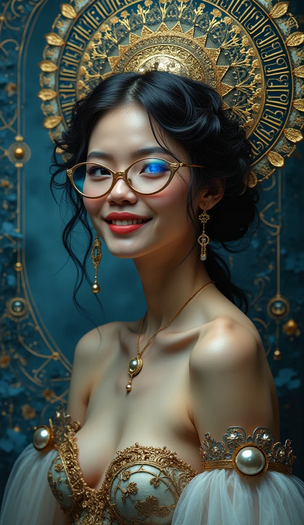 high quality walkers, 8K Ultra HD, Sharp lines  ,sharp focus, การเปิดรับแสงสองครั้งที่สวยงามของ A hyper-realistic Art Nouveau digital photo of a nude Queen of Prophecy, she smiles cutely, she is naked, her hair shimmering with ancient visions, adorned with silver tarot cards and celestial omens, surrounded by intricate deep blue and glowing gold mystical patterns. she has very dark and thicky hairy pussy. SHE WORE GOLD-FRAMED GLASSES WITH BLUE LENSES..