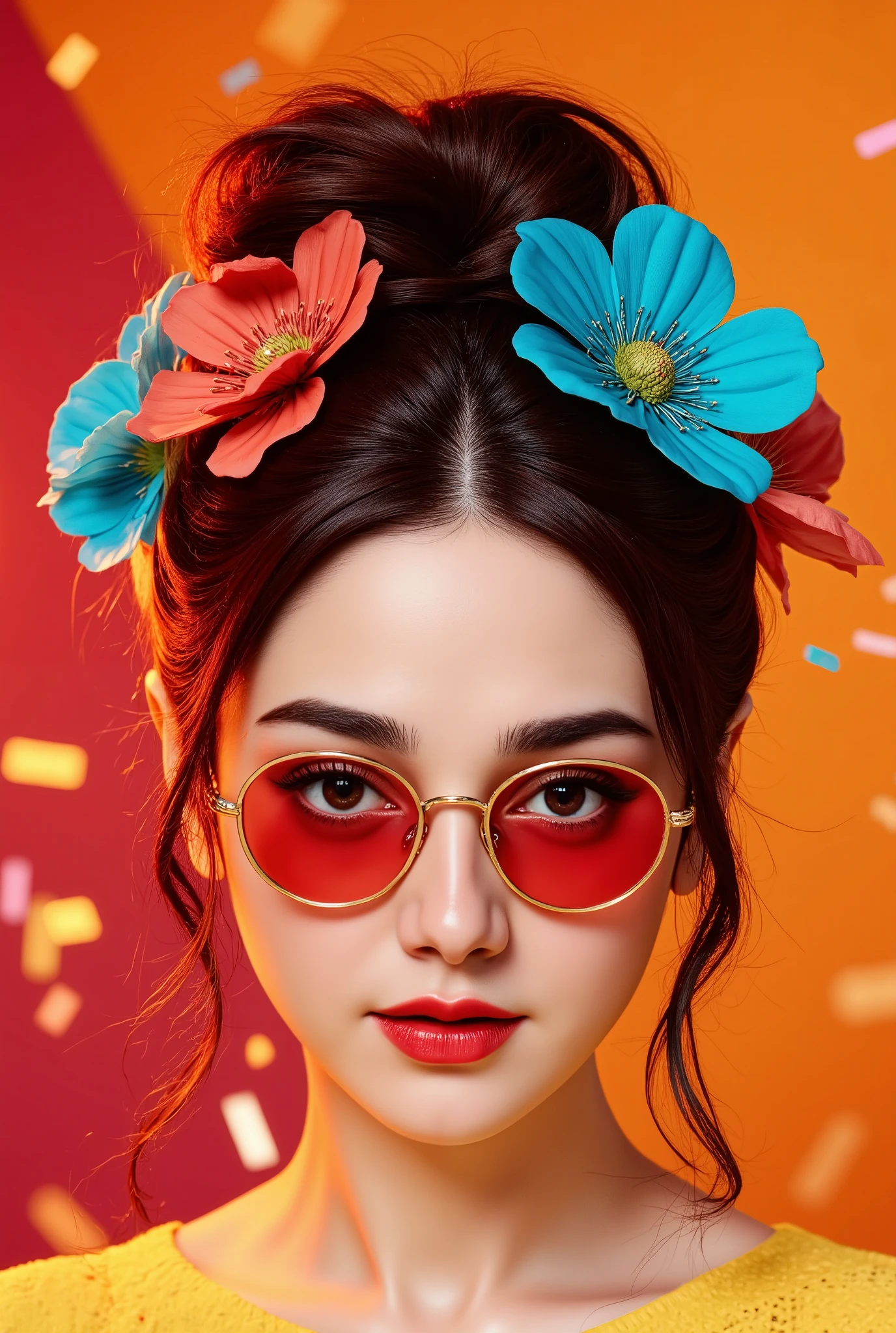 A striking dark fantasy portrait photograph featuring a mysterious woman dressed in a unique and surreal way. She wears round orange sunglasses, her eyes closed, and her red irises reflecting through the lenses. Her bold red lips contrast with her elaborate updo, adorned with large turquoise blue flowers and vibrant coral red accents, drawing the viewer's attention to her striking appearance. The background features a vibrant color gradient, ranging from deep orange to deep red, with confetti-like particles, creating a dynamic and dreamlike atmosphere, while a soft glow highlights the contours of her face, enhancing the dramatic lighting and high-contrast aesthetic. Bold text watermark written " Sweety " With beauty caligraphy font with vibrant color