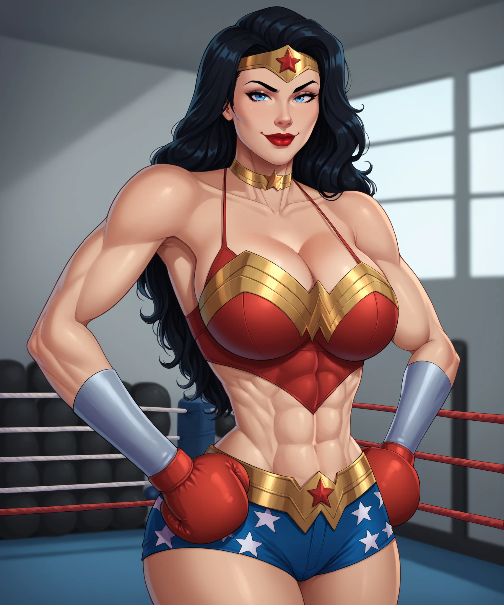 safe_pos, 2d, 1girl, solo, wide hips, DC Comics, 1girl, solo, DC Comics, Wonder Woman, Diana Prince, Blue Eyes, red lips, lipstick, Black Hair, Long Hair, gold tiara, gold choker, blue workout shorts, red boxing gloves, red bikini top, large breasts, cleavage, curvy, athletic, standing, hands on waist, model pose, indoors, gym, boxing ring, bedroom eyes
looking at viewer, smile, closed mouth, happy expression