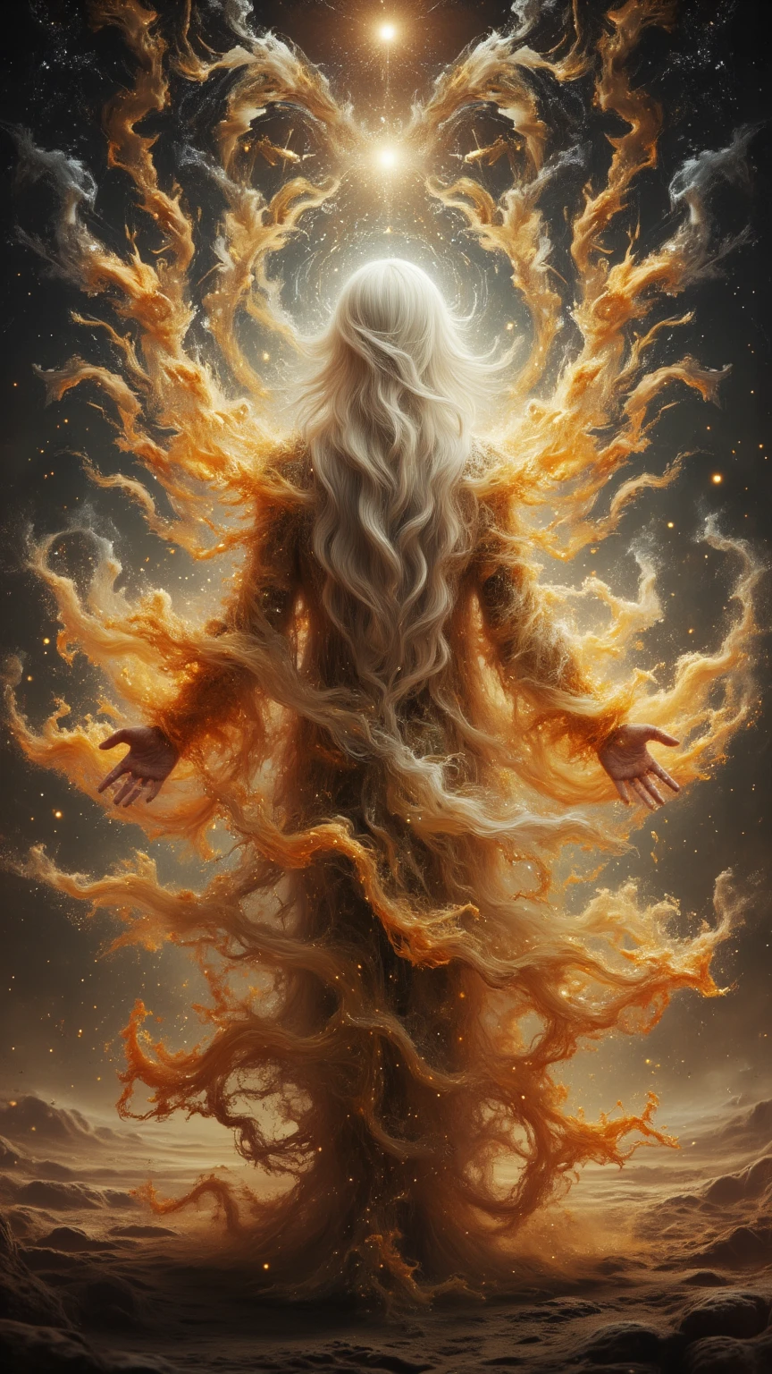 (Slanted Back View 、long white hair、elder、Good physique、My whole body is wrapped in golden energy), (The golden  energy that connects space and the ground shines), ((透明な六角形のエネルギーの中央に座り瞑想するelder)), (4k, 4K quality, Ultra HD, Ultra-detailed, very accurate, oil:1.4), Spiritual, mysterious、 fantastic、perspective、Overlooking