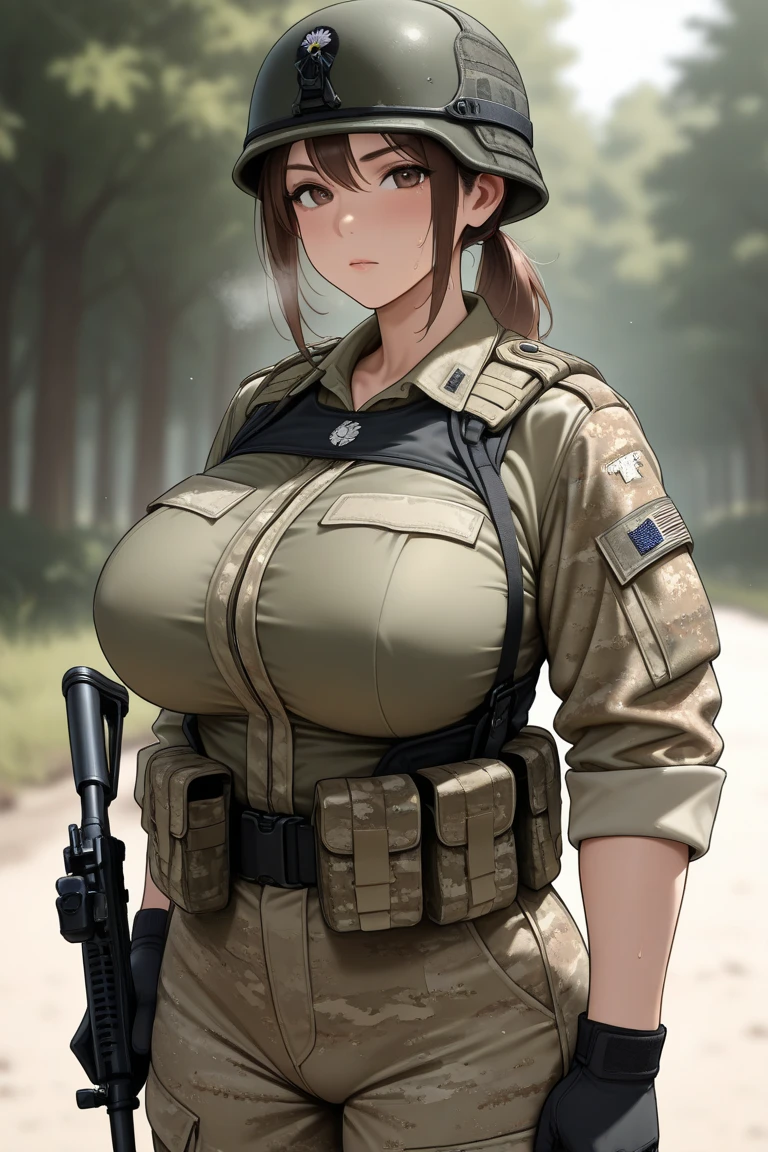 Solo, female, (((by bebebebebe))), standing, german shepherd, brown eye, huge breasts, in a forrest, day, dramatic lighting, wearing a ww1 german soldier uniform, holding a bayonet, covered in mud, huge ass,
