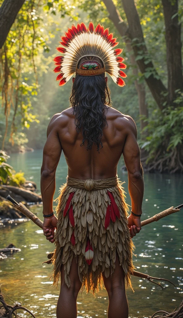 Create an evocative and detailed cover for your song "Tribute to Caboclo Sete Flechas" that captures the spiritual and warrior essence of Caboclo Sete Flechas. Use the following elements described in the letter to guide your design:central figure:Caboclo Sete Flechas: A majestic indigenous warrior, imposing and wise, dressed in traditional costumes. Include a headdress adorned with colorful feathers and a serene countenance, conveying protection and leadership.enviroment:Green Forest: Background full of lush and green vegetation, representing the tropical forest. Incorporate rays of light that penetrate through trees, suggesting divine presence and connection with nature.Divine Elements:Seven Rays of Light: Coming out of the hands or around the Caboclo Sete Flechas, Symbolizing power and protection.orishas: Discreet silhouettes or symbols representing Oxóssi, Ogun and Xangô, harmoniously inserted into the background.Weapons and Symbols:Spear and Arrows: Caboclo holding a spear, with a bundle of arrows in your quiver or at your side. Arrows must look mystical, radiating light.Additional Detail:Holy Waters: Crystal clear stream or waterfall, representing purity and renewal.Jungle Animals: Discreetly inserted into the vegetation, animals such as jaguars or birds that reinforce the connection with nature and spiritual symbolism.colors:Paleta de colors: Predominance of greens, browns and golds to represent the forest and divinity. Use vibrant colors for mystical and spiritual elements.