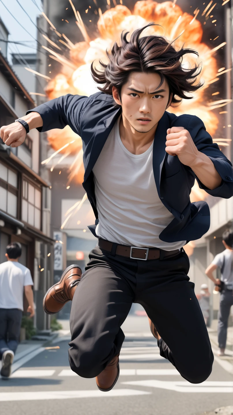 ((photorealism:1.2),  very Handsome  japanese man, 22-27 year-old, he is a actor, filming action movie, all-back hairstyles, jumping, with explode sence