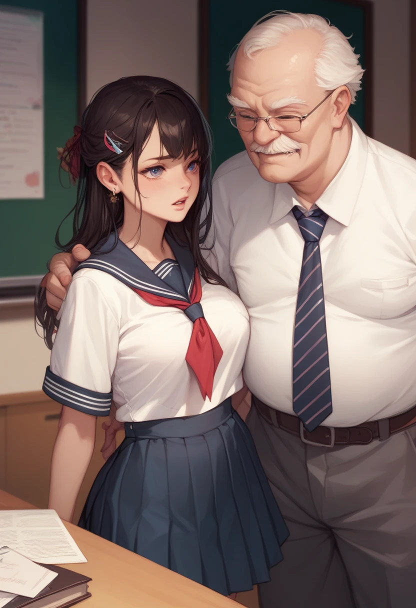 NSFW, (((Masterpiece, Best quality, photograph realistic))), (Shiny skin), (hyper HD, 8K wallpaper, high resolution), Perfect anatomy, Cinematic lighting, Physically-based rendering, Award-winning, Extremely detailed skin, extra detailed face, Eyes with beautiful details, Carl Zeiss 85 mm F/1.4, (1 man and 1 girl, couple:1.5), Cute 16 year old Japanese schoolgirl, sit on chair, (Black hair, Short Bob Cut, Brown eyes, face round), Medium breasts, Wet school shirt with ribbon, Navy pleated skirt lift, Navy blue high socks, (Nasal blush, Naughty, half lidded eyes, Drooling), Spread legs, thighs focus, In the classroom, blue hour, (A person is an old man, An old man holds the girl from behind:1.5), An old man in a suit, (An old man touches a girl's panties:1.5), [Full body shot], Shot from below,
