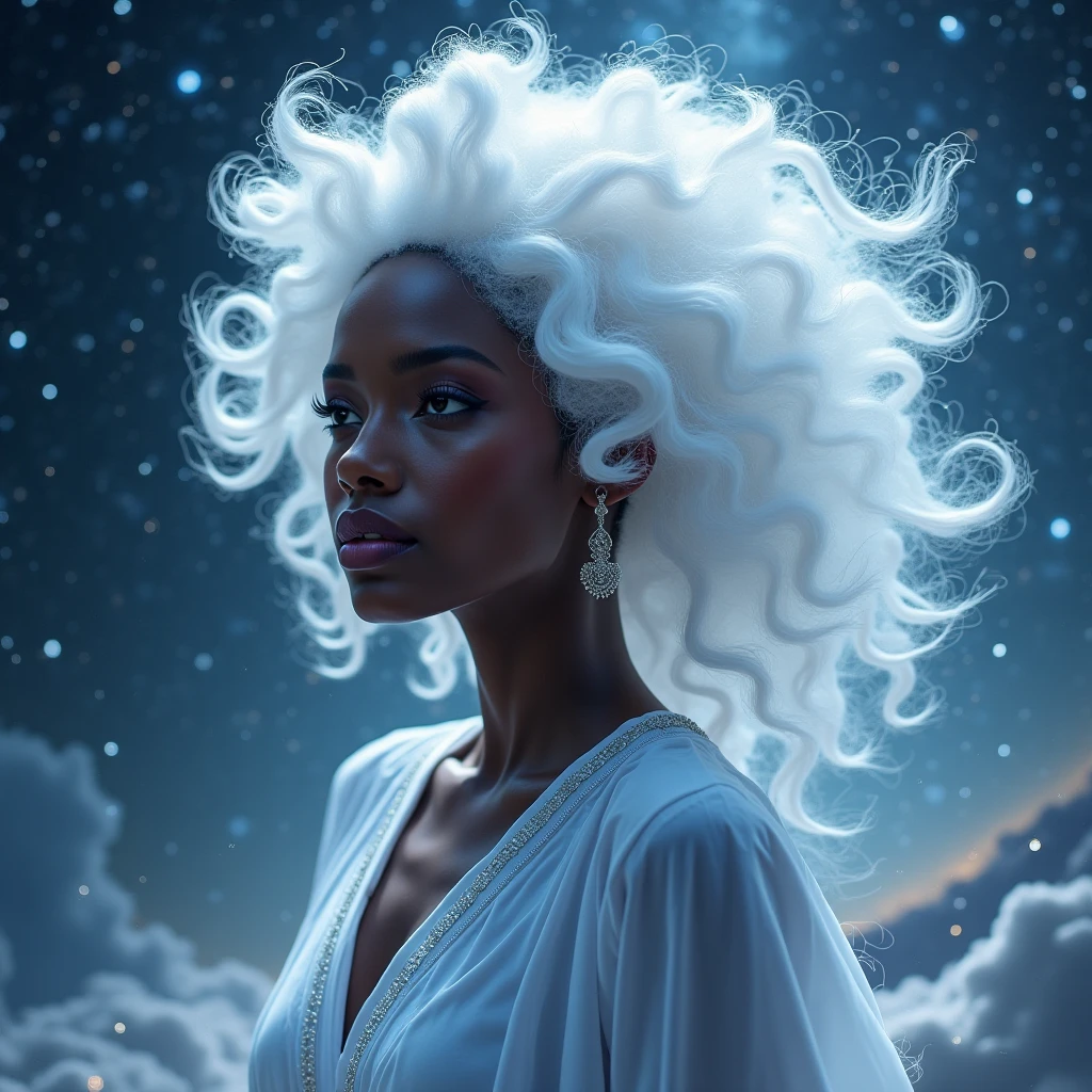  very dark-skinned black woman , Curly white hair like dust clouds in the universe, The most beautiful goddess in the universe 