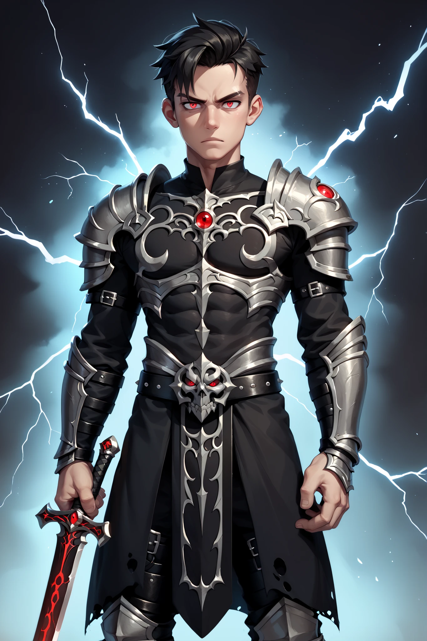 Handsome young man that (((has black (Noctis style) hair))), ((perfect red eyes)), wearing (((All midnight black sith armor with grey accents))), standing and holding the necrosword with black lightning in a plain dark shadowy background. High Quality, HD