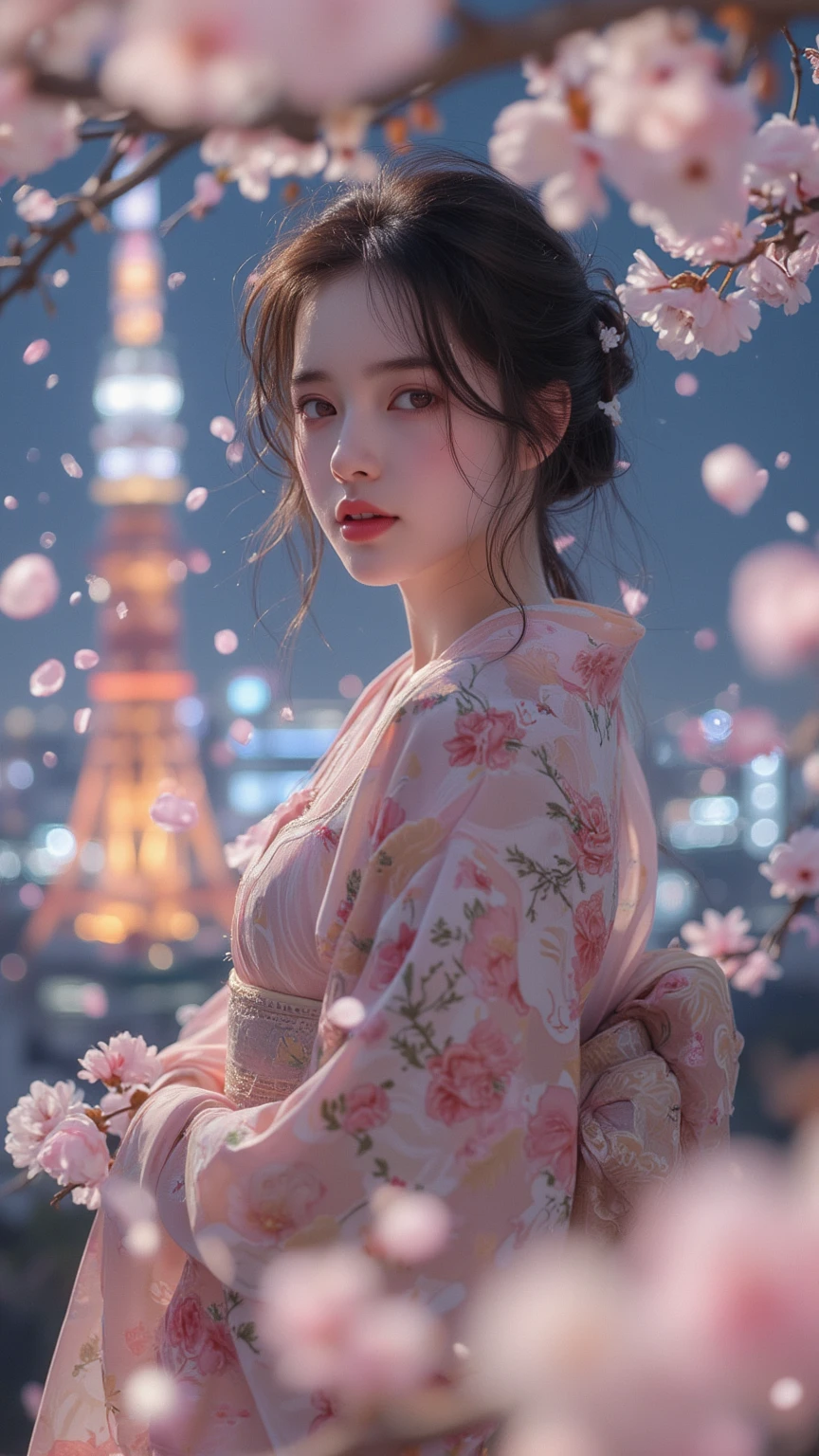 "A delicate, ethereal girl, AIYANA, standing under a flurry of cherry blossoms at night, dressed in a beautifully patterned short kimono with soft pastel tones. The fabric clings gently to her curves, subtly emphasizing her full and shapely , while remaining modest. Her obi is slightly loosened at the back, revealing a gentle curve of her lower back and hint of her silhouette. She looks over her shoulder with a soft, almost shy smile, eyes shimmering in the glow of Tokyo Tower behind her. The petals swirl around her, creating a dreamlike aura."delicate lighting, cinematic framing, cherry blossoms fluttering, short pastel kimono, soft flowing hair, gentle breeze, night illumination, elegant pose, subtle curves, traditional meets modern, Tokyo city lights, sparkling background, graceful stance, modest allure