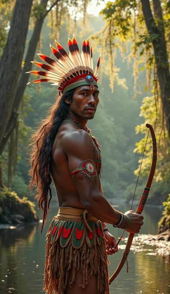 A hyper-realistic image of a male indigenous warrior with brown skin, standing facing forward near a river in the forest. He wears a traditional feather headdress with red on the outer edges, white in the center, and green in between. His feather skirt follows the same color pattern: red on the edges, white in the center, and green in the middle. He holds a bow with an arrow in his hands, looking focused and alert. The background features a calm river reflecting the surrounding dense forest, with tall trees, hanging vines, and sunlight softly filtering through the canopy. The details of his face, feathers, and natural environment are vivid and lifelike.