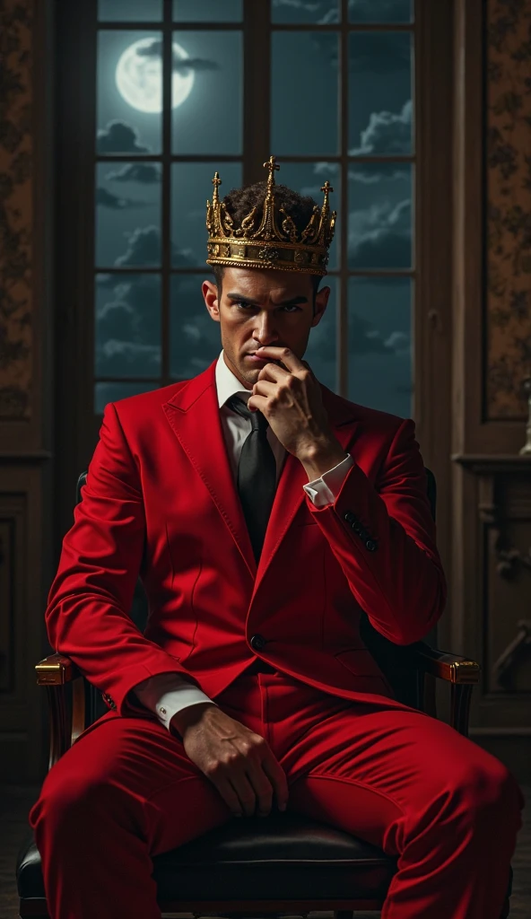 men wear red suit. 22-27. sitting on sofa with one leg on other leg.  hand cover half of face with sharp gaze. dark background with wide window. night view. crown at his head