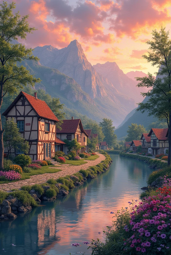 A small village by the river, mountains in the background, colorful flowers, detailed landscape style, beautiful natural scenery, atmospheric lighting,  scorching sunset ,  warm colors, practical, photographic, detailed foliage, complex buildings , cobblestone street, charming country house, vibrant colors, lush vegetation, reflections in the water, pitoresco, idyllic, work of art, Best Quality, 8k, extremely detailed, anime style