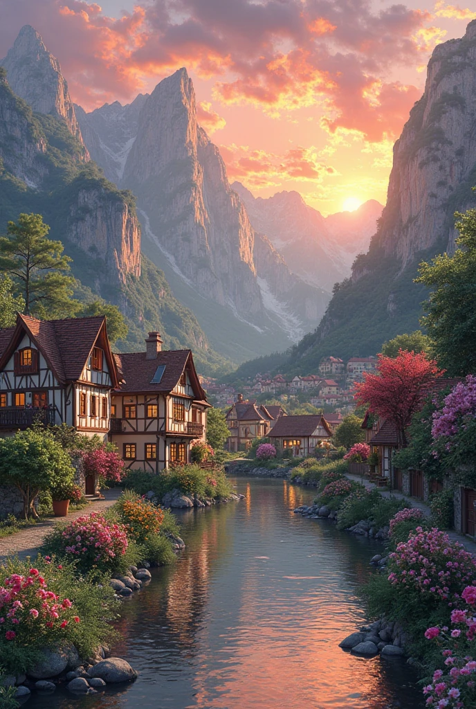 A small village by the river, mountains in the background, colorful flowers, detailed landscape style, beautiful natural scenery, atmospheric lighting,  scorching sunset ,  warm colors, practical, photographic, detailed foliage, complex buildings , cobblestone street, charming country house, vibrant colors, lush vegetation, reflections in the water, pitoresco, idyllic, work of art, Best Quality, 8k, extremely detailed, anime style