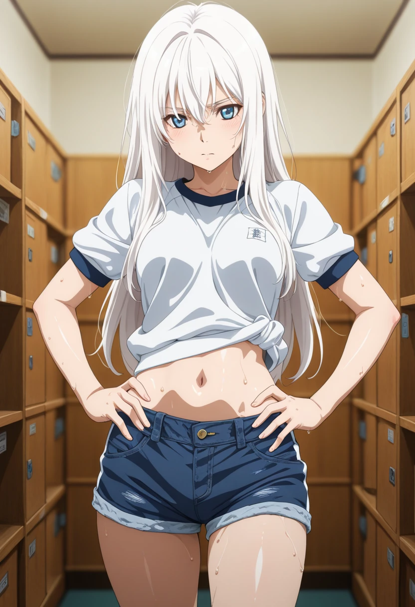 masterpiece, best quality, very aesthetic, movie quality, depth of field,soft saturation, focused subject, anime screenshot, anime coloring,official style, glossy skin,
1 girl,solo,white hair,changing room,simple background,long hair,denim shorts,navel,sweat,gym uniform,hands_on_hips,