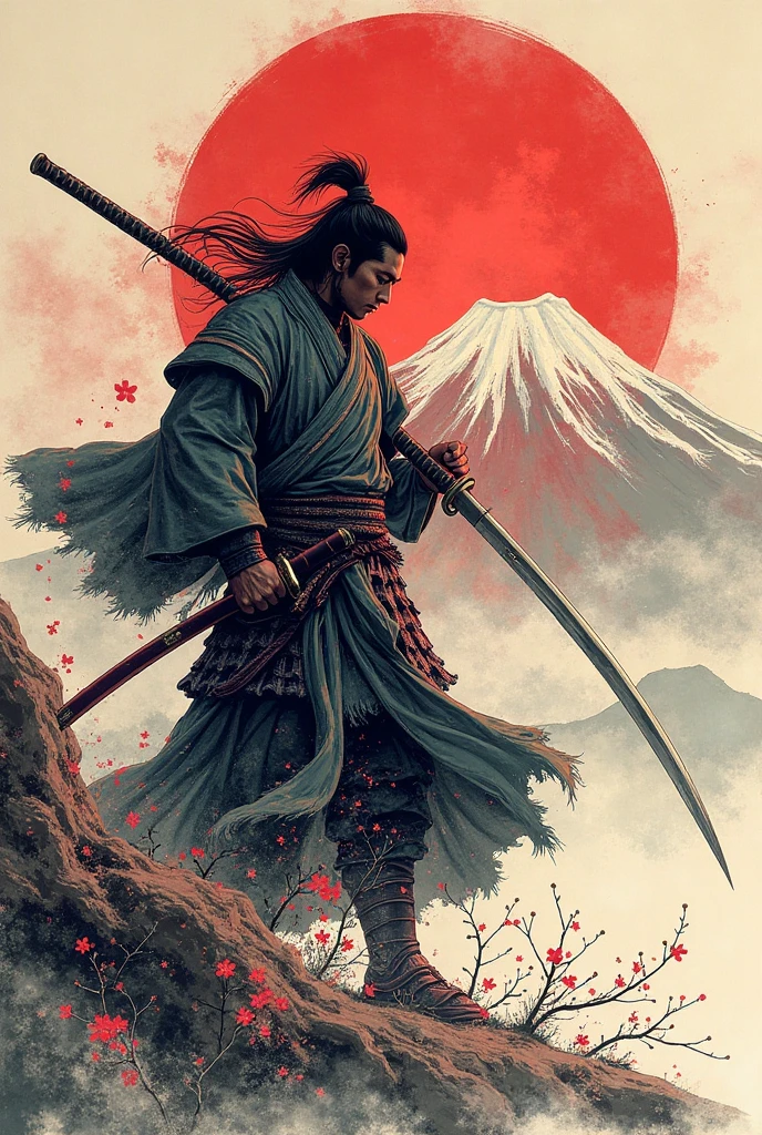 （Iridescent Zentangle） Japanese Samurai、A single sword、A long, slender, beautiful sword、 Japanese sword、 Japanese sword剣術を駆使する一人の侍。His sword is strong enough to cut through anything、Holding a sword in both hands、The sword swung down with both hands makes a thunderous noise。His slash traces a fierce trajectory like a storm。The artist used ink with good water absorption、Blurring the boundaries of the painting、Combined with delicate brushwork、Expressing even the finest details of the painting。unbelievably beautiful。Beautifully expressing the shading of black ink。Red Sun、((Sakura storm behind))、((Mt. Fuji behind))、masterpiece、high resolution、top quality、Alone、Reference: Sengoku BASARA、One-eyed Liu Zhengzong、完全な Japanese Samurai、 samurai、Spiritで斬る、修羅のようなSpiritで打つ、 Japanese sword 持つ、Iaido、Spirit、Martial God、swordsman、 samurai、 samurai、Alone、