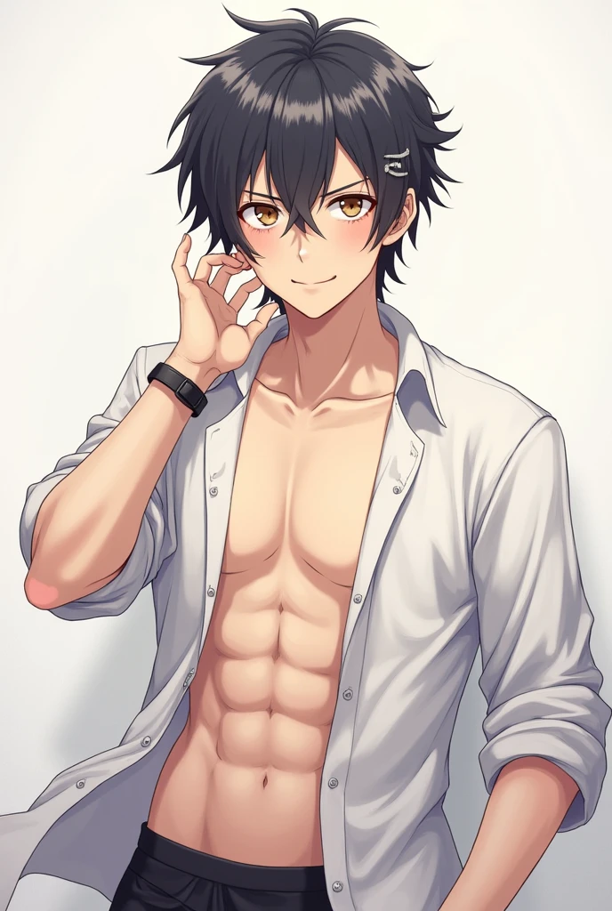 Draw me a teenage-young adult eboy (male, it's a male, he's a guy) with following characteristics: short, very fluffy black hair with right side bangs, violet hunter shapes eyes, two silver lip piercings and a regular, silver nose septum piercing with round ends. He has a deep cherry/dark brown-red in the middle of his lips, gently blending into the rest of his natural lips (vampire lipstick makeup). He also has s typical, around-eyelid black emo eyeliner. It's not too big, tho, just a medium width eyeliner around the lower eyelid and a little thicker around his upper eyelid. He's very ???? and attractive. He's eboy and slightly emo and grunge, take inspiration from the 'pintrest hot guy drawing' beauty standard. He's wearing only a black, zipped hoodie, which is unzipped at the moment, showing his ????? upper and lower body (yes, ???????? too). He sits on his cozy couch, smiling at the camera with a flirty and ???? stare. He's also blushing. I want it very anime styled!