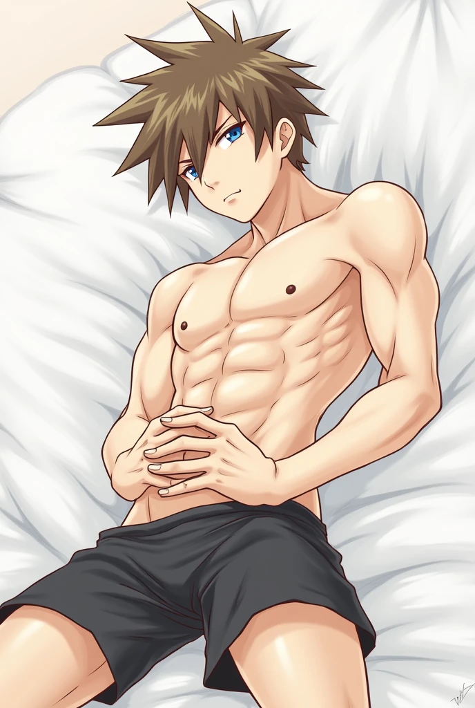 A boy with messy brown hair with light skin and light blue eyes., in a living room in underwear on an armchair