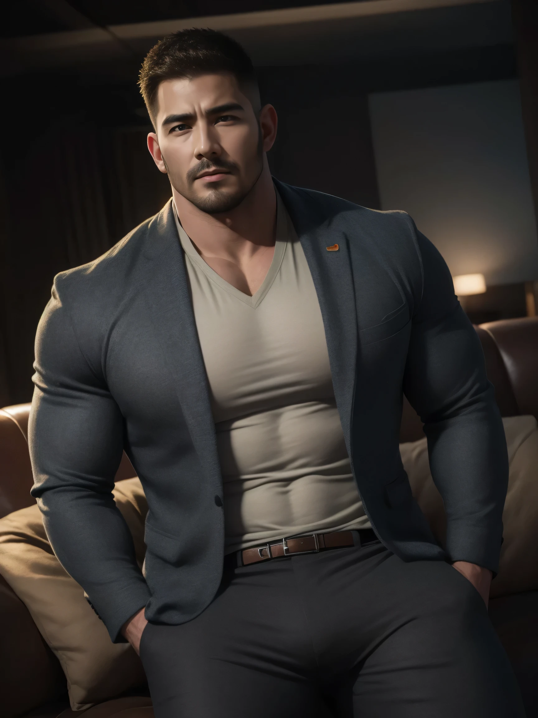 1个muscular男人在睡躺在高档奢华柔软的沙发里面, The body sank deep into the sofa, VERY STRONG ,Buzz Cut,exquisite perfect facial features ,Sleeping on an upscale luxury sofa, He is wearing a high-class luxury business suit jacket, and wears high neck, long sleeve, tight t-shirt with a gray modal texture, his mouth was an O shape,The expression is very enjoyable , Slightly head-on, American round inch , thick thighs , Very tight, Regular symmetrical pattern, big goalslight muscles, high end western pants , character concept (Chris Redfield) proud expression, deep and charming eyes, Heroic male pose , tall Burly, muscular! muscular thighs, Tough Guy, perfect facial features , big goals, Burly, Heqiang, Super exquisite and cool, big goals Resolution Committee, Extraordinary Charm , Comfortable and soft interior