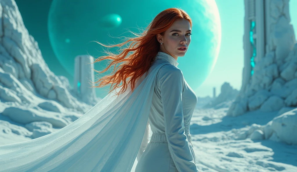 Create a very futuristic scene, hyperrealistic, photo realistic, the main character is a beautiful woman, young beautiful face, natural beauty, (close up), Latin beauty woman, looking at the camera, red long spectacular hair moving by the wind, long hair, she wears a white bright translucent long veil with luminescence that moves with the wind, futuristic style, Casual and natural pose, floor bright white rocks, several giant futuristic vertical structures with blue lights, great detail. Cold environment, the sky has a green. In the sky far in the horizon there are three blue bright giant planets, detailed textures, futuristic scene, The light is cold and bluish, strong great lighting, perfect lighting, high resolution, maximum detail, sharp everything. 