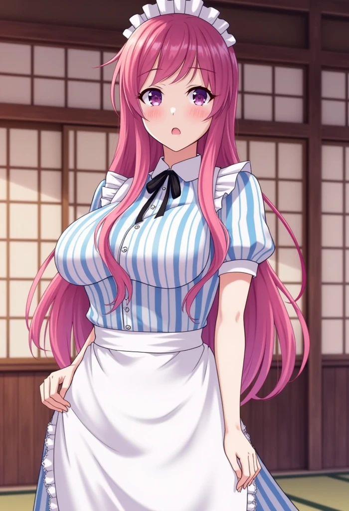 (Highly detailed CG Unity 8k wallpaper),(masterpiece),(Highest quality),(Super detailed),(Best illustrations),(Best Shadow),(Absurd), Remi, One girl, alone, close your eyes, Open your mouth, smile, , Portraiture, Pink Hair, Redhead, bangs, bow, Twin tails, red bow, shirt, collared shirt, Long Hair, Cowboy Shot, Anime Coloring、Huge breasts:1.5