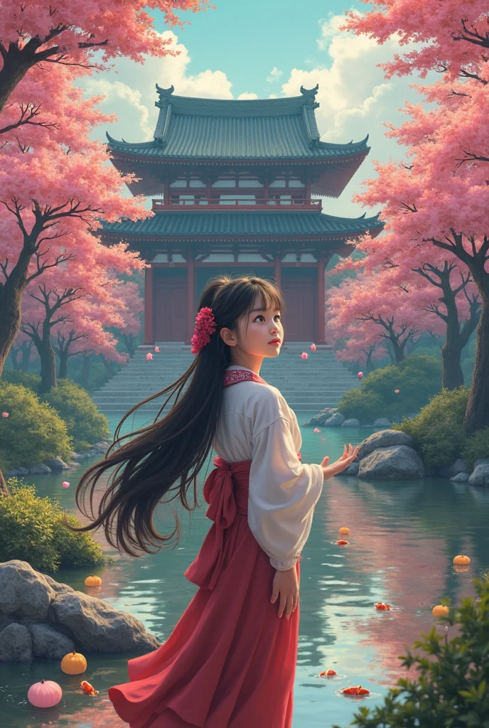 anime style, studio ghibli inspired, 8k, highly detailed, digital painting, cinematic lighting, warm color palette, lush forest, ancient japanese temple, sakura trees, koi pond, floating lanterns, young girl protagonist, wide-eyed expression, long flowing hair, traditional japanese attire, graceful pose, awestruck expression, magical atmosphere, fantasy elements, dreamlike quality, vibrant colors, soft textures, masterpiece
