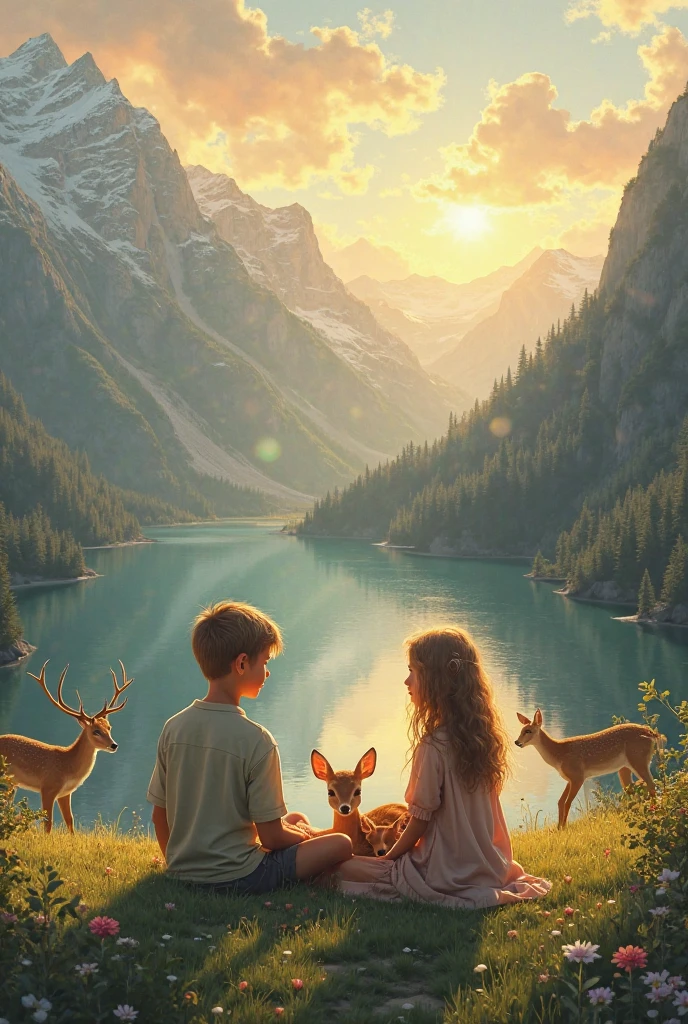 A serene mountain scene during golden hour: a boy and girl sit side by side on a grassy ledge, overlooking a tranquil lake nestled between majestic peaks. In the distance, a waterfall cascades gracefully down another mountain, feeding the lake below. Nearby, a pair of deer graze peacefully, their presence adding to the magic of the moment. In the girl’s lap rests a tiny fawn, looking up with innocent eyes, embraced gently as if part of the family. The sky glows with warm hues, and the whole scene radiates peace, wonder, and connection with nature.
