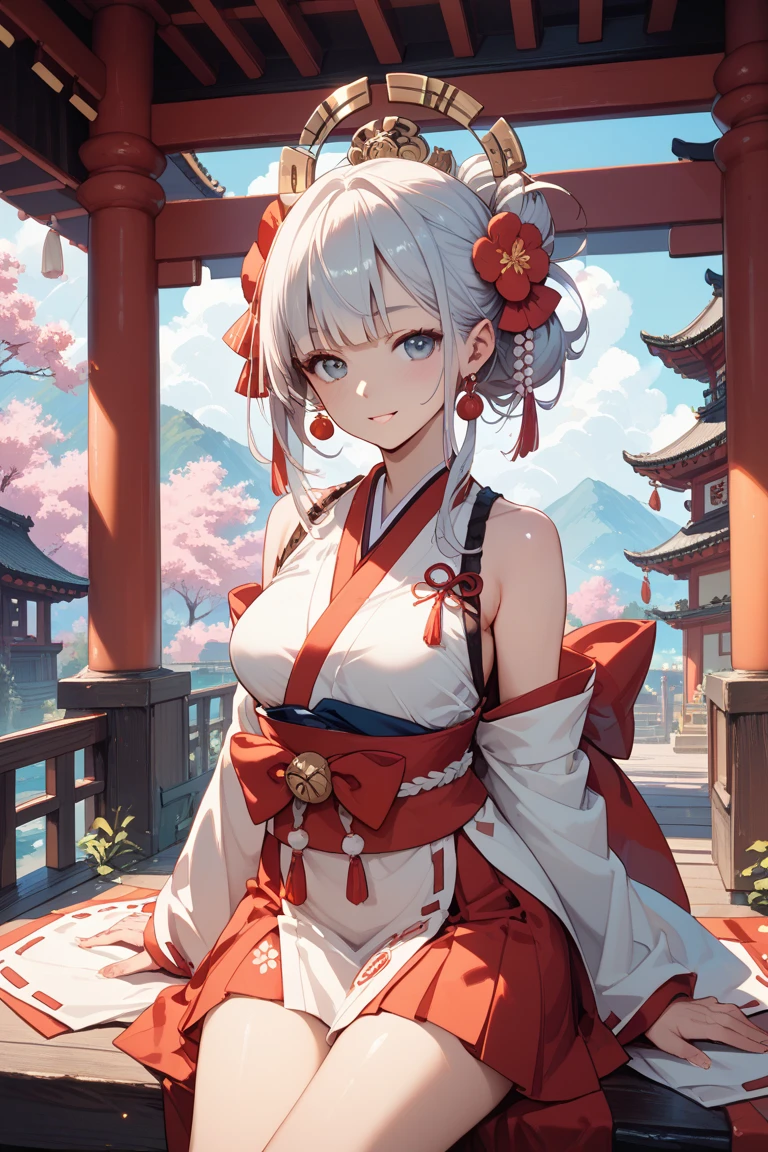 (((masterpiece))), (((Highest quality))), ((Very detailed)), ((Ultra-fine illustrations)), ((Ultra-fine painting)), (16K Highest quality wallpaper:1.4), (Upper Body:1.6), High resolution, (Highly detailed and subtle illustration style:1.8), Detailed skin texture, Detailed cloth texture, Very detailed explanation, (Tmasterpiece), (Very detailed顔:1.2), (Very detailed fox ears:1.2), (Very elaborate shiny long hair:1.2), (Extremely detailed transparent eyes:1.2), original, Professional, Intricate details, Super detailed, Direct sunlight:1.6, (Perfect Anatomy:1.4), (Extremely elaborate hands:1.2), (Very detailed指:1.2), (Very dexterous fingers:1.2), (27 years old), Genuine, (alone:1.8), ((She was wearing a bright red floral kimono.、Very beautiful and attractive fox fashion model:1.4)) brake (beautiful and adorable fox ears:1.6), (Very fine and delicate fox ears:1.4), (beautiful and well-shaped big breasts:1.2), (beautiful and shapely butt), (Very delicate and beautiful hairstyle:1.2), (Clear eyes that shine beautifully in every detail:1.6), (Very delicate and elegant eyes:1.2), (Very detailed顔:1.4), (smile:1.5), (blush:1.4), (Show Viewer:1.4), (celebration:1.4) brake (A bright red floral kimono:1.4), (Japanese traditional clothing:1.2) brake (Concept Art:1.2), (Detailed fantasy art:1.2) brake (Highly detailed and delicate Ise Shrine in Mie Prefecture in the background just after noon in spring:1.6), (celebration:1.4), Ise Shrine:1.4, Torii gate of Ise Shrine:1.4, Very beautiful against the backdrop of the clear afternoon sky..:1.4 brake