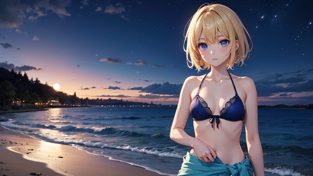 A wide-angle view of a seaside beach under a starry night sky with cumulus clouds partially obscuring the stars. A woman in her 30s stands with her back slightly turned, looking over her shoulder with a confident and slightly enigmatic expression. She is wearing a white patterned bikini with delicate details such as a necklace, earrings, and bracelet. Her blonde hair, styled in a short bob, is slightly tousled by the wind. The lighting is soft, with a mix of backlight and natural light that highlights her realistic, sun-kissed skin and toned physique. The background is a serene beach scene, with the vastness of the starry sky adding a fantastical and calm atmosphere. The focus is on her pose and detailed features, reminiscent of a classical painting with a Ghibli-style color palette and an emphasis on realism and charm.masterpiece, Highest quality, Anime Style,