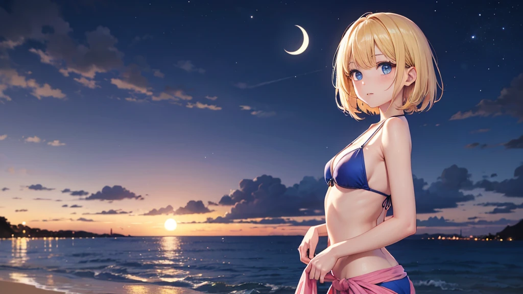 A wide-angle view of a seaside beach under a starry night sky with cumulus clouds partially obscuring the stars. A woman in her 40s stands in the center of the frame, visible in full body, wearing a brightly colored bikini with a necklace, earrings, and bracelet. She has blonde hair in a short bob style, with a beautiful, lively face expressing ennui. Her realistic skin and narrow shoulders highlight her adult sex appeal. The lighting is soft and backlit, enhancing the realistic and detailed depiction of her slightly smaller chest (C cup). The image is inspired by classical paintings, with a Ghibli-style color palette and a fantastic atmosphere, capturing both tension and charm. The background is vast, with stars twinkling in the night sky, using the far and near method, reminiscent of a masterpiece in the style of Sergeant's oil paintings.