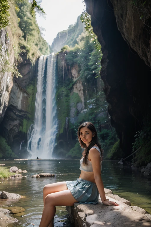 Latin woman in mountainous region looking at waterfall