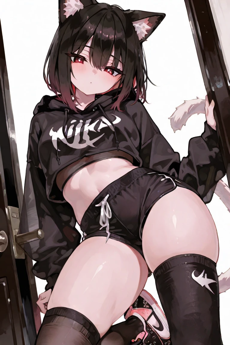 ((1boy)), big sharp wolf ears, large fluffy wolf tail, black short messy hair, black hoodie, gym booty shorts, vibrant amber eyes, black thigh highs, masterpiece, good quality, smug, slightly nsfw, has a big butt and big thighs, living room setting, teasing, seductive, toned abs, feminine boy, bent over, heart eyes, slim waist, sitting down while butt faces viewer